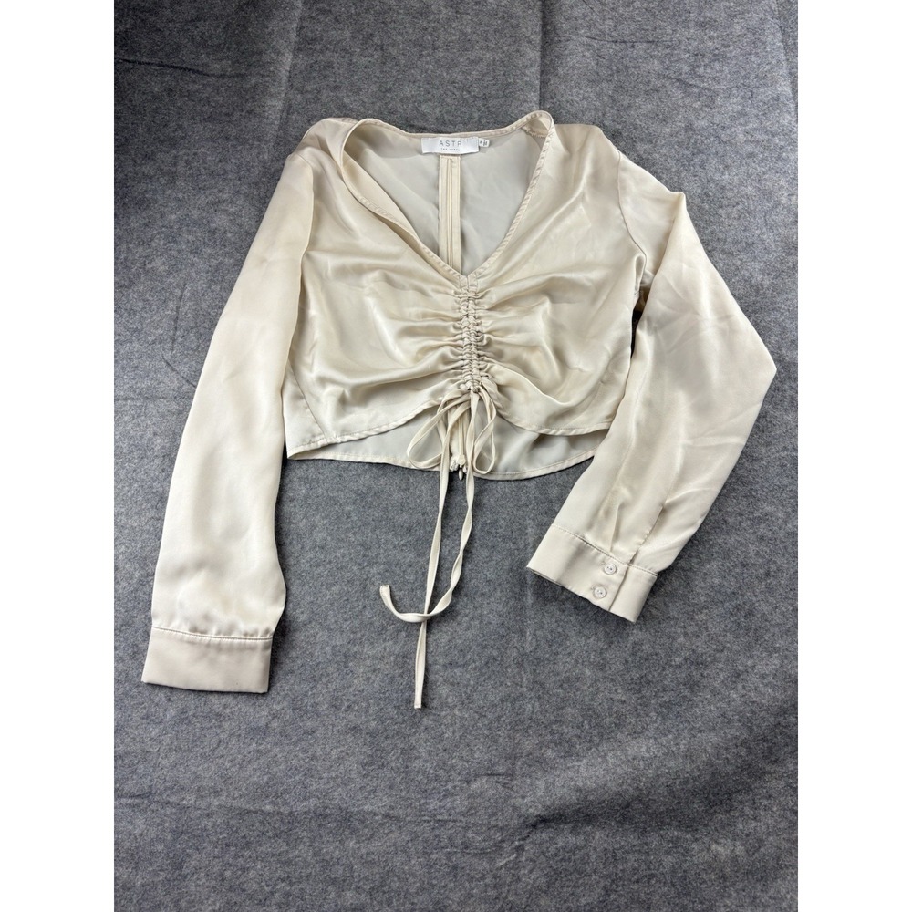 ASTR‎ Women's M Satin Ruched Cropped Blouse Ivory Long Puff Sleeve Going Out Top